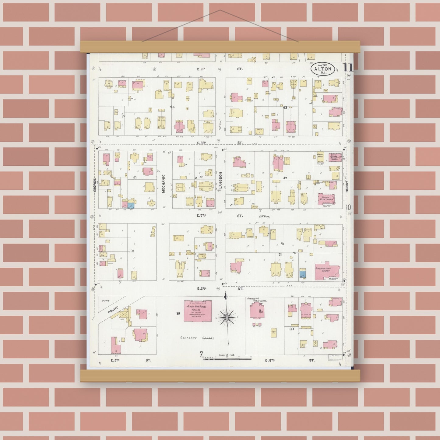 Old map wall art mockup — magnetic wood frame on brick wall — Sanborn Fire Insurance Map from Alton, Madison County, Illinois (1902), Sheet #0011