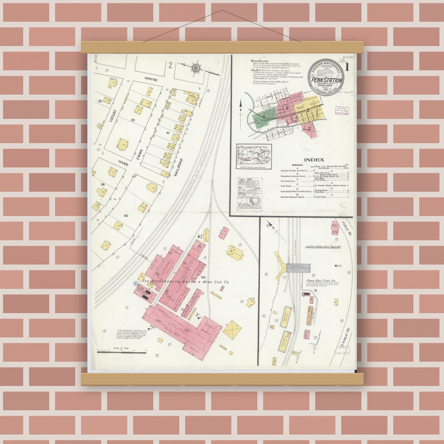 Old map wall art mockup — magnetic wood frame on brick wall — Sanborn Fire Insurance Map from Penn Station, Westmoreland County, Pennsylvania (1916), Sheet #0001