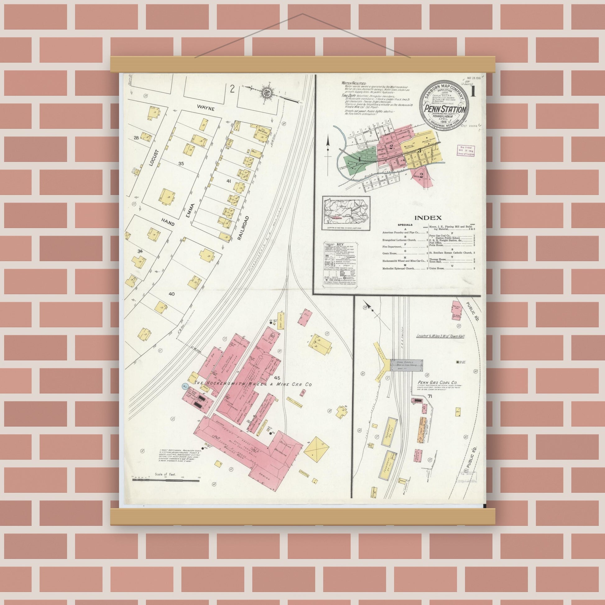 Old map wall art mockup — magnetic wood frame on brick wall — Sanborn Fire Insurance Map from Penn Station, Westmoreland County, Pennsylvania (1916), Sheet #0001