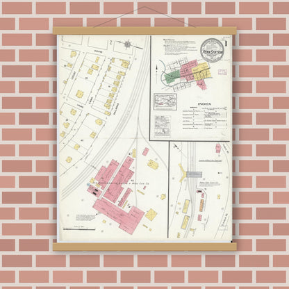 Old map wall art mockup — magnetic wood frame on brick wall — Sanborn Fire Insurance Map from Penn Station, Westmoreland County, Pennsylvania (1916), Sheet #0001
