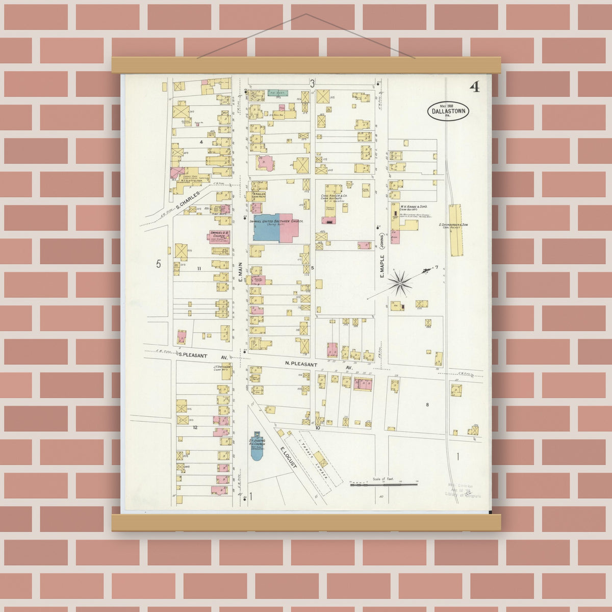 Old map wall art mockup — magnetic wood frame on brick wall — Sanborn Fire Insurance Map from Dallastown, York County, Pennsylvania (1908), Sheet #0004