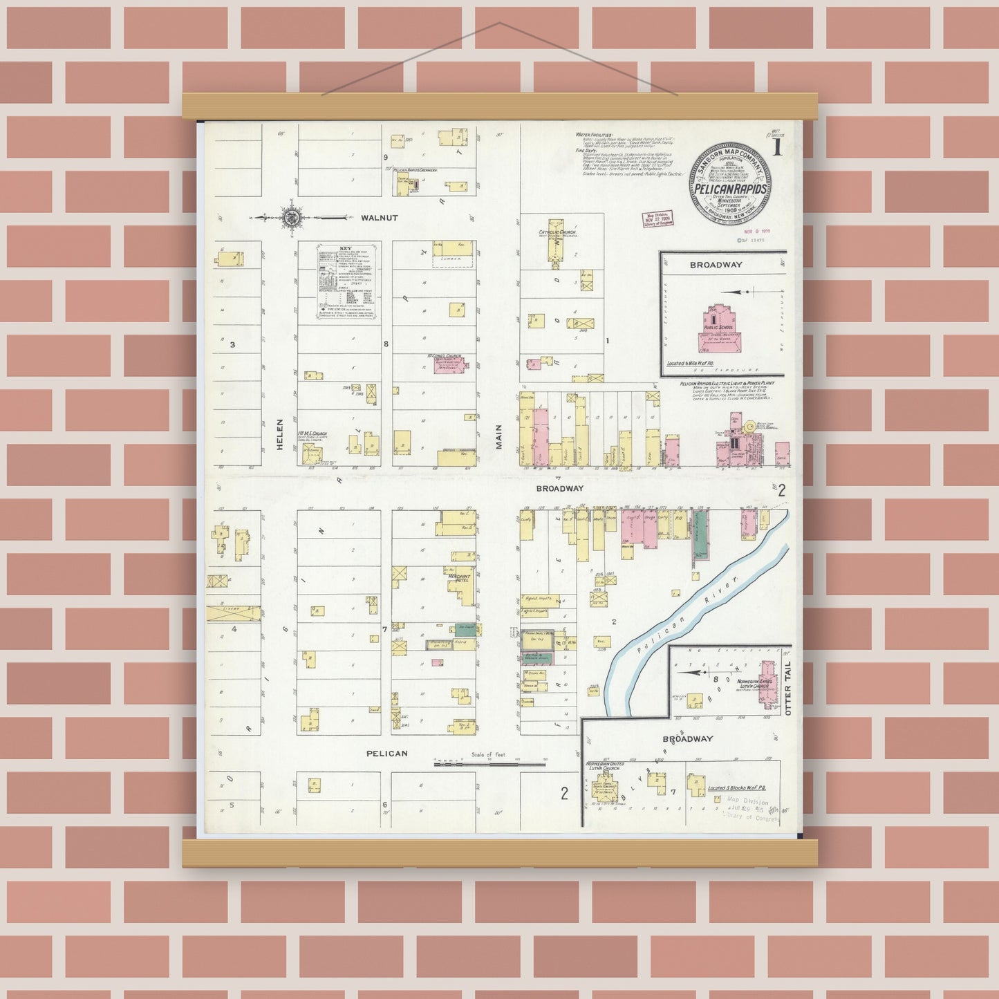 Old map wall art mockup — magnetic wood frame on brick wall — Sanborn Fire Insurance Map from Pelican Rapids, Otter Tail County, Minnesota (1909), Sheet #0001