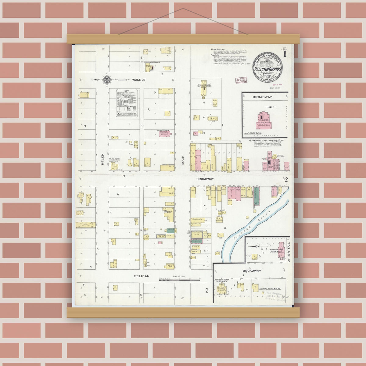 Old map wall art mockup — magnetic wood frame on brick wall — Sanborn Fire Insurance Map from Pelican Rapids, Otter Tail County, Minnesota (1909), Sheet #0001