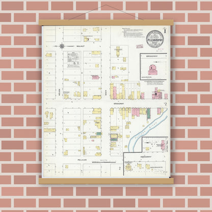Old map wall art mockup — magnetic wood frame on brick wall — Sanborn Fire Insurance Map from Pelican Rapids, Otter Tail County, Minnesota (1909), Sheet #0001