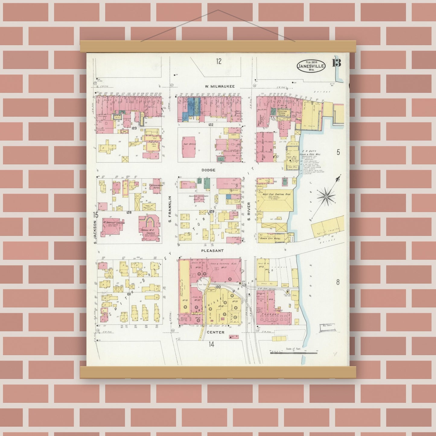 Old map wall art mockup — magnetic wood frame on brick wall — Sanborn Fire Insurance Map from Janesville, Rock County, Wisconsin (1909), Sheet #0013