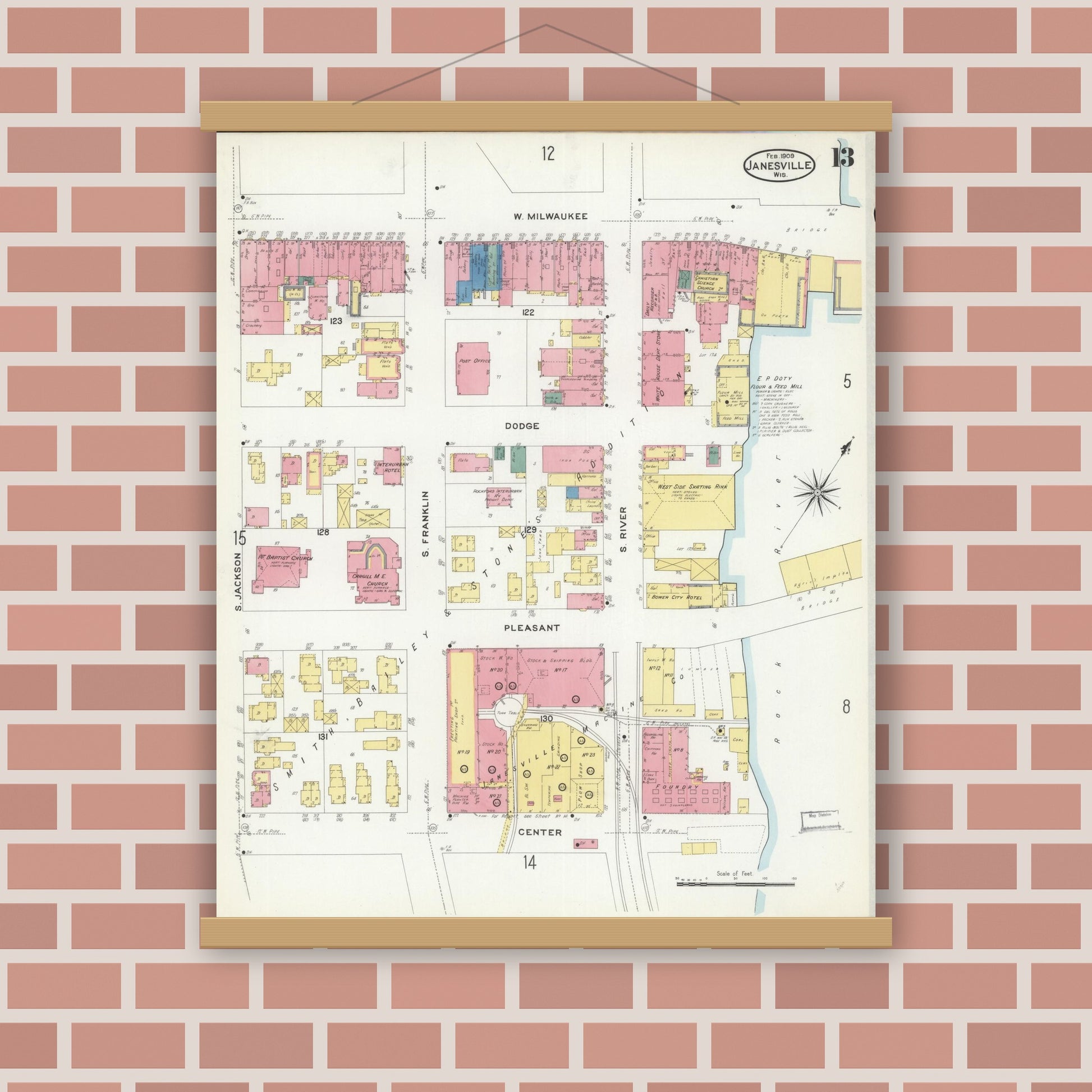 Old map wall art mockup — magnetic wood frame on brick wall — Sanborn Fire Insurance Map from Janesville, Rock County, Wisconsin (1909), Sheet #0013