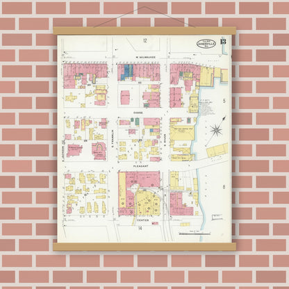 Old map wall art mockup — magnetic wood frame on brick wall — Sanborn Fire Insurance Map from Janesville, Rock County, Wisconsin (1909), Sheet #0013