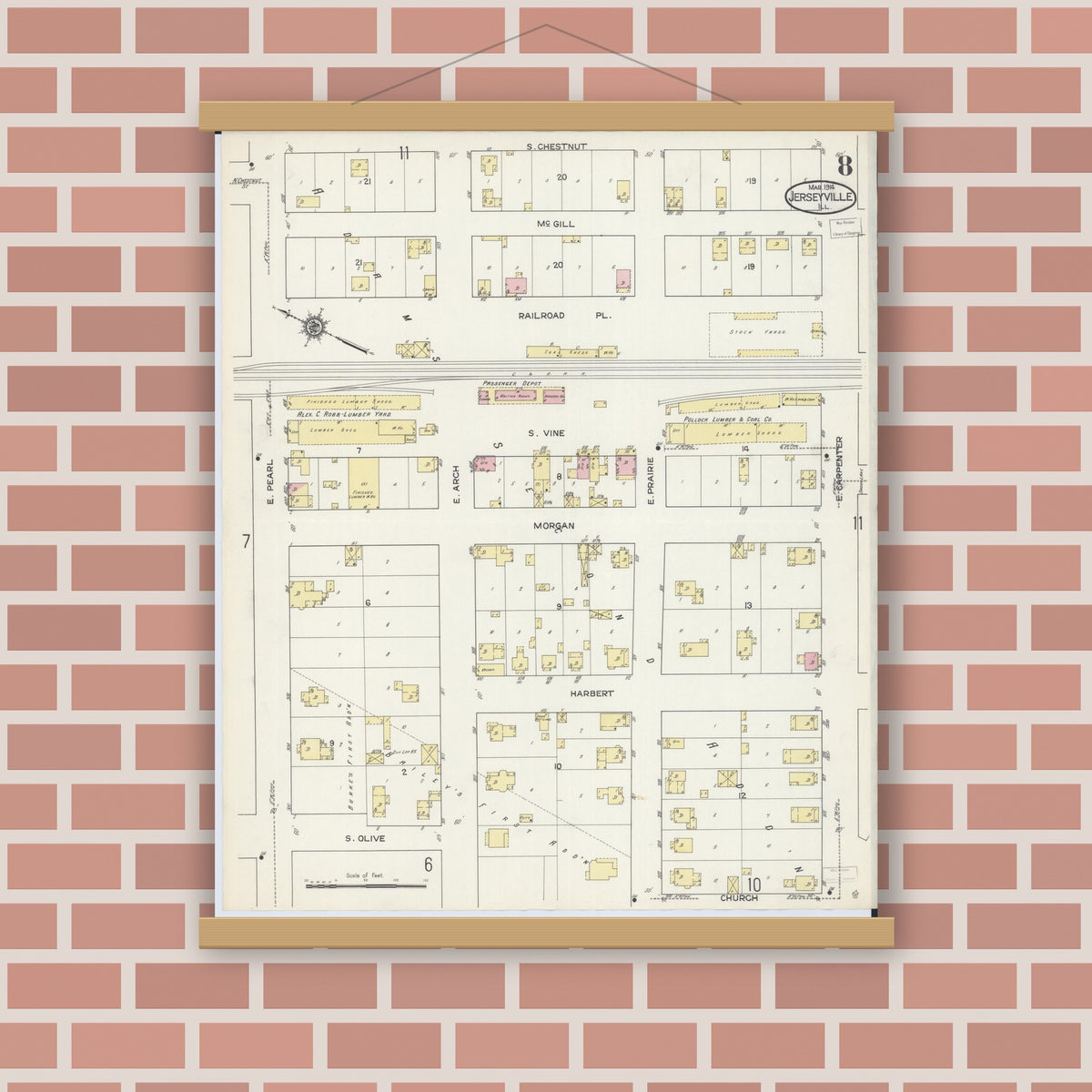 Old map wall art mockup — magnetic wood frame on brick wall — Sanborn Fire Insurance Map from Jerseyville, Jersey County, Illinois (1914), Sheet #0008