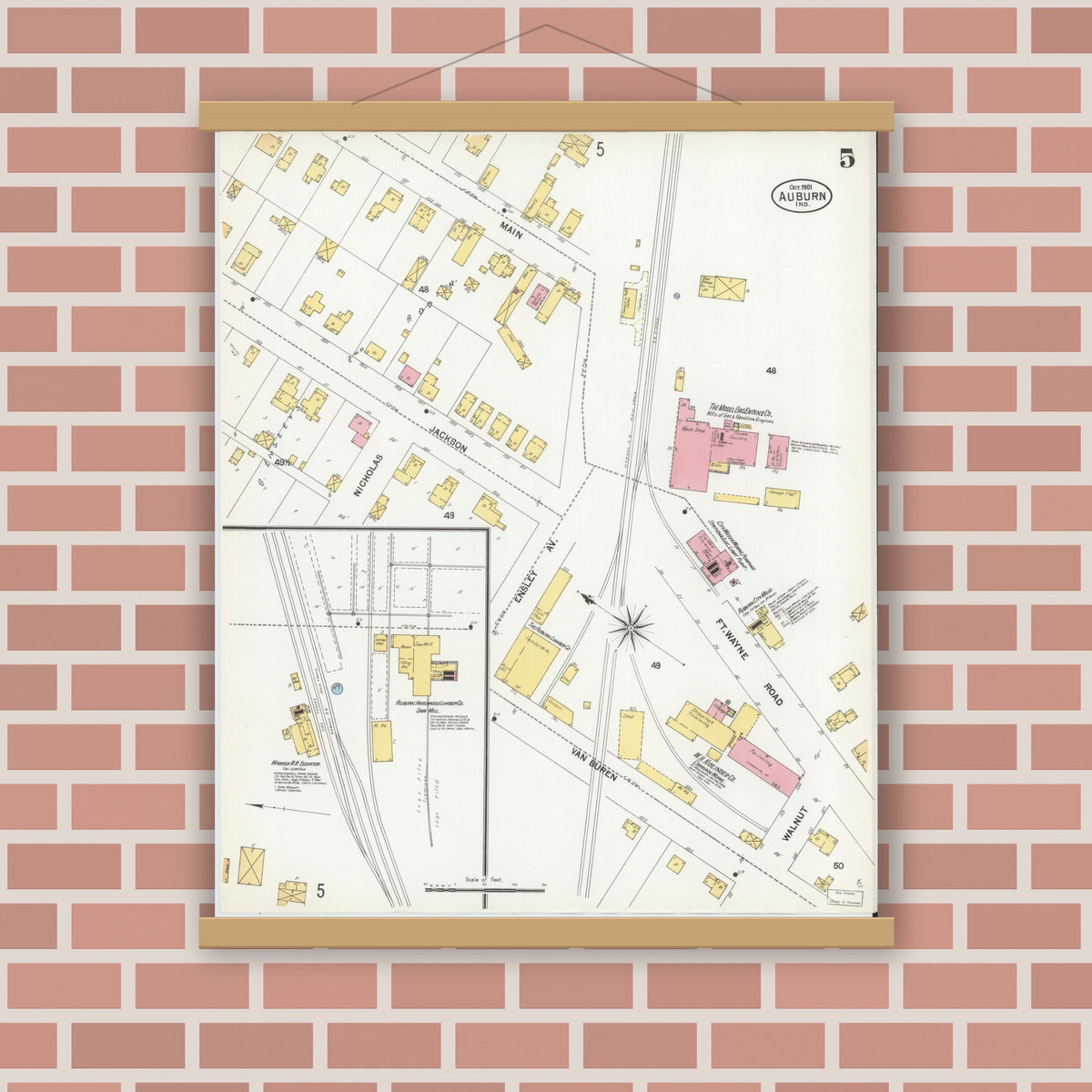 Old map wall art mockup — magnetic wood frame on brick wall — Sanborn Fire Insurance Map from Auburn, De Kalb County, Indiana (1901), Sheet #0005