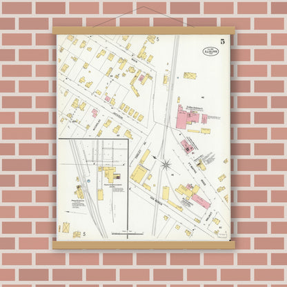 Old map wall art mockup — magnetic wood frame on brick wall — Sanborn Fire Insurance Map from Auburn, De Kalb County, Indiana (1901), Sheet #0005