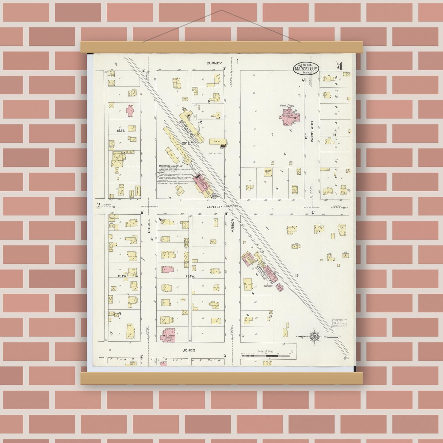 Old map wall art mockup — magnetic wood frame on brick wall — Sanborn Fire Insurance Map from Marcellus, Cass County, Michigan (1914), Sheet #0004