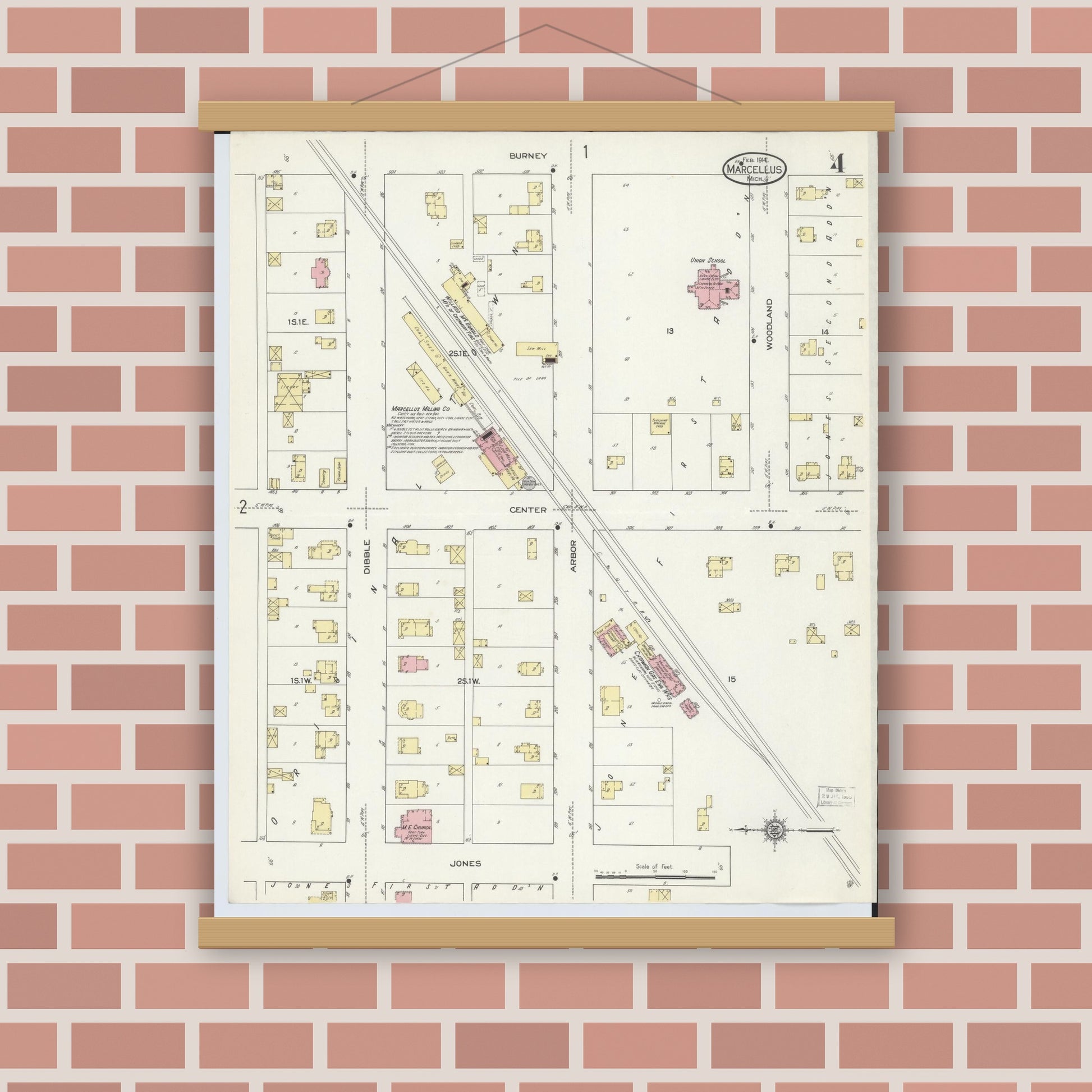 Old map wall art mockup — magnetic wood frame on brick wall — Sanborn Fire Insurance Map from Marcellus, Cass County, Michigan (1914), Sheet #0004