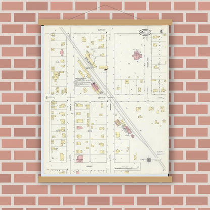 Old map wall art mockup — magnetic wood frame on brick wall — Sanborn Fire Insurance Map from Marcellus, Cass County, Michigan (1914), Sheet #0004