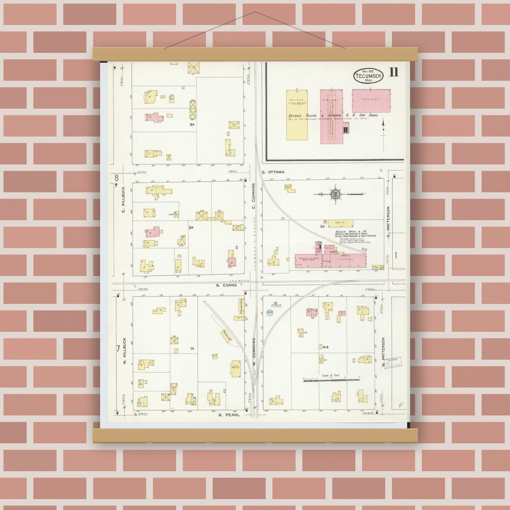 Old map wall art mockup — magnetic wood frame on brick wall — Sanborn Fire Insurance Map from Tecumseh, Lenawee County, Michigan (1912), Sheet #0011