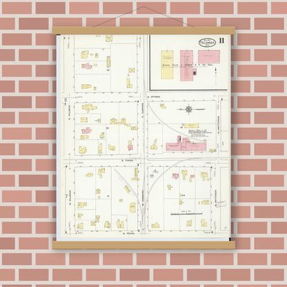 Old map wall art mockup — magnetic wood frame on brick wall — Sanborn Fire Insurance Map from Tecumseh, Lenawee County, Michigan (1912), Sheet #0011