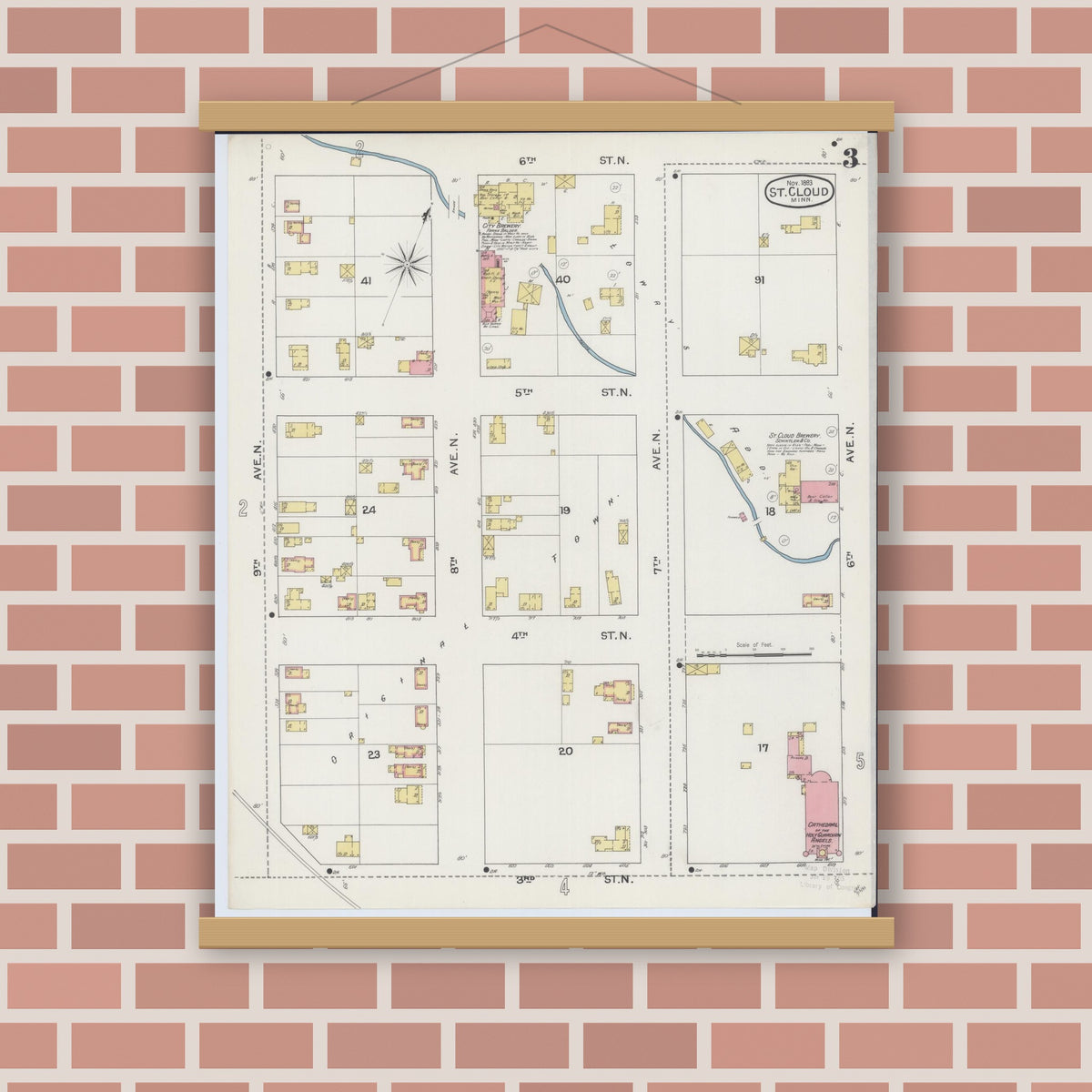 Old map wall art mockup — magnetic wood frame on brick wall — Sanborn Fire Insurance Map from Saint Cloud, Stearns, Benton, and Sherburne Counties, Minnesota (1893), Sheet #0003