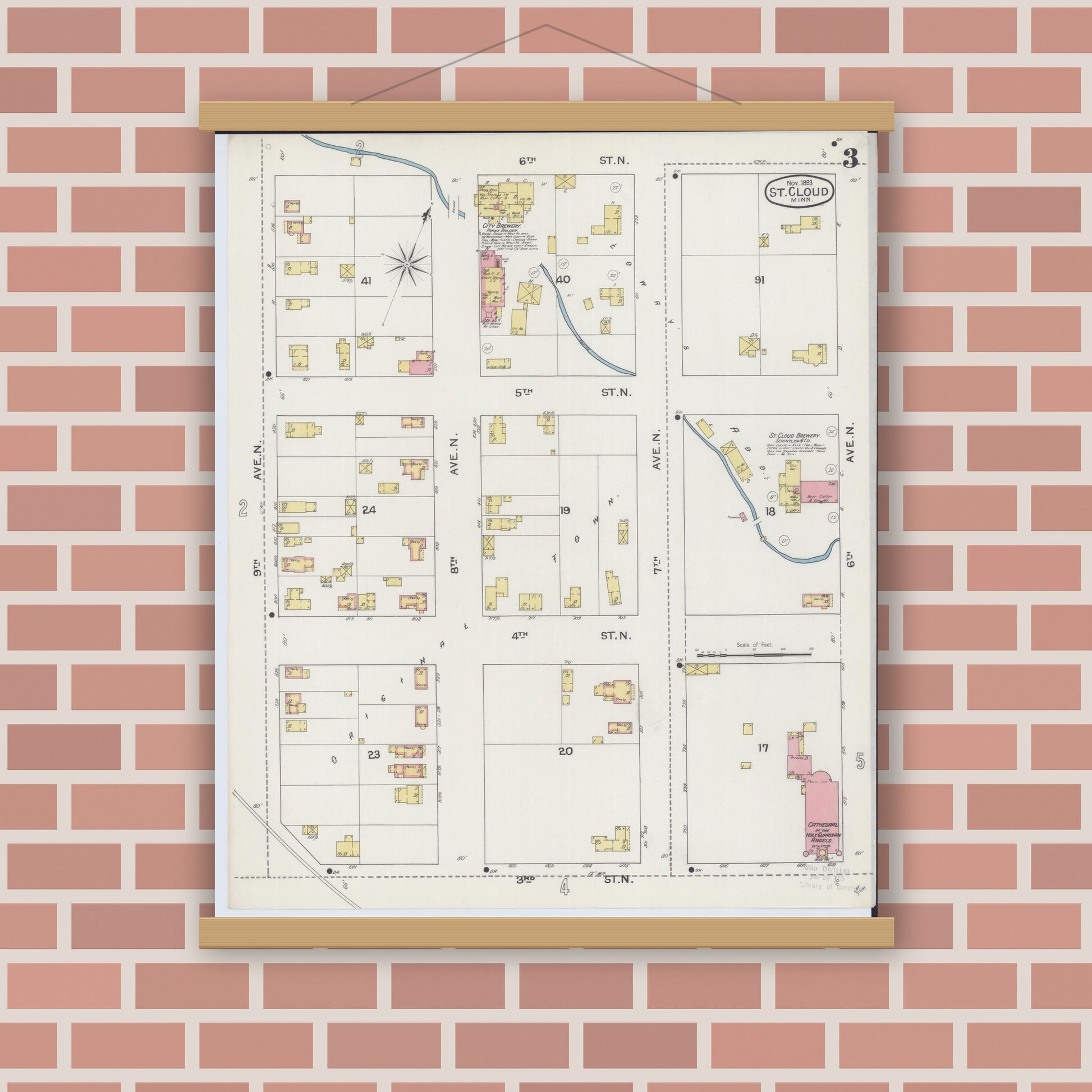 Old map wall art mockup — magnetic wood frame on brick wall — Sanborn Fire Insurance Map from Saint Cloud, Stearns, Benton, and Sherburne Counties, Minnesota (1893), Sheet #0003
