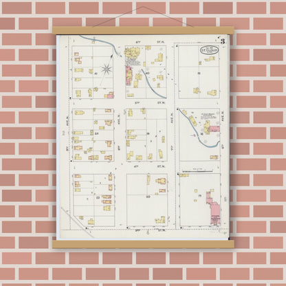 Old map wall art mockup — magnetic wood frame on brick wall — Sanborn Fire Insurance Map from Saint Cloud, Stearns, Benton, and Sherburne Counties, Minnesota (1893), Sheet #0003