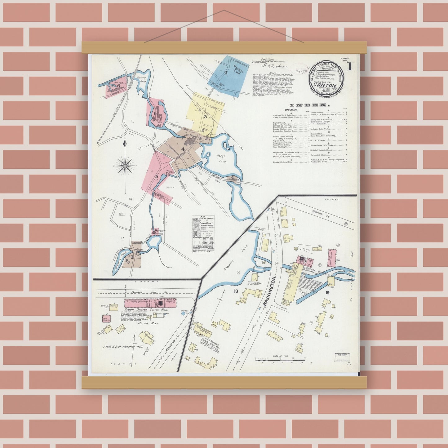Old map wall art mockup — magnetic wood frame on brick wall — Sanborn Fire Insurance Map from Canton, Norfolk County, Massachusetts (1891) - Complete Map Set