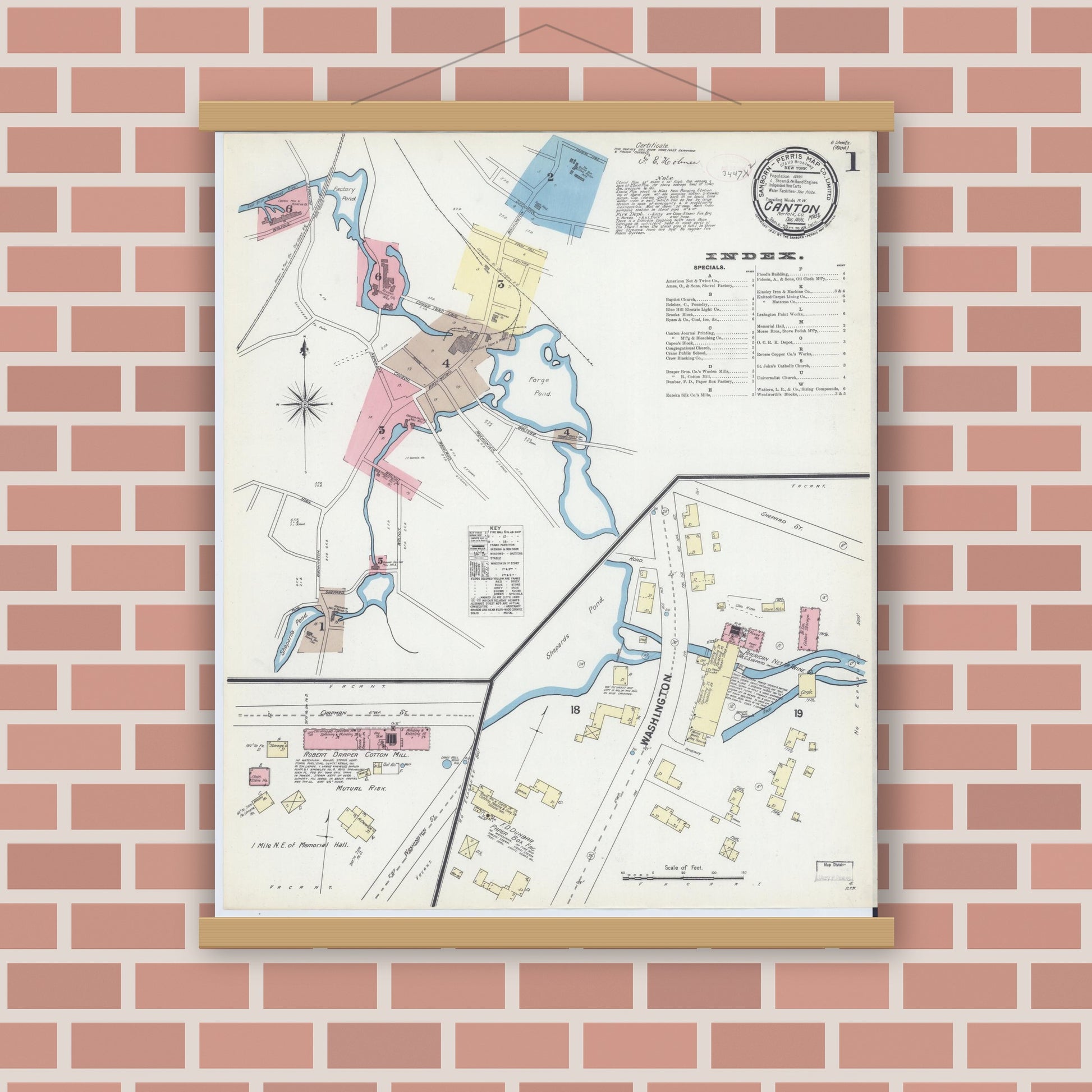 Old map wall art mockup — magnetic wood frame on brick wall — Sanborn Fire Insurance Map from Canton, Norfolk County, Massachusetts (1891) - Complete Map Set