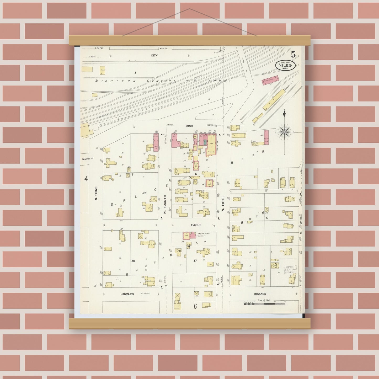 Old map wall art mockup — magnetic wood frame on brick wall — Sanborn Fire Insurance Map from Niles, Berrien County, Michigan (1907), Sheet #0005