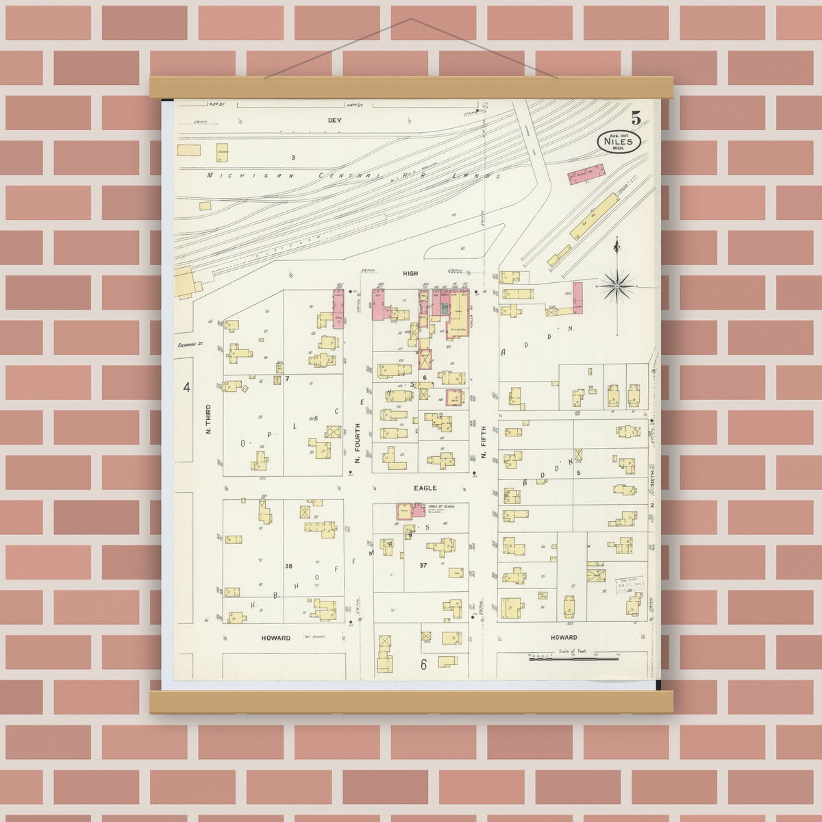 Old map wall art mockup — magnetic wood frame on brick wall — Sanborn Fire Insurance Map from Niles, Berrien County, Michigan (1907), Sheet #0005
