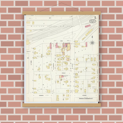 Old map wall art mockup — magnetic wood frame on brick wall — Sanborn Fire Insurance Map from Niles, Berrien County, Michigan (1907), Sheet #0005