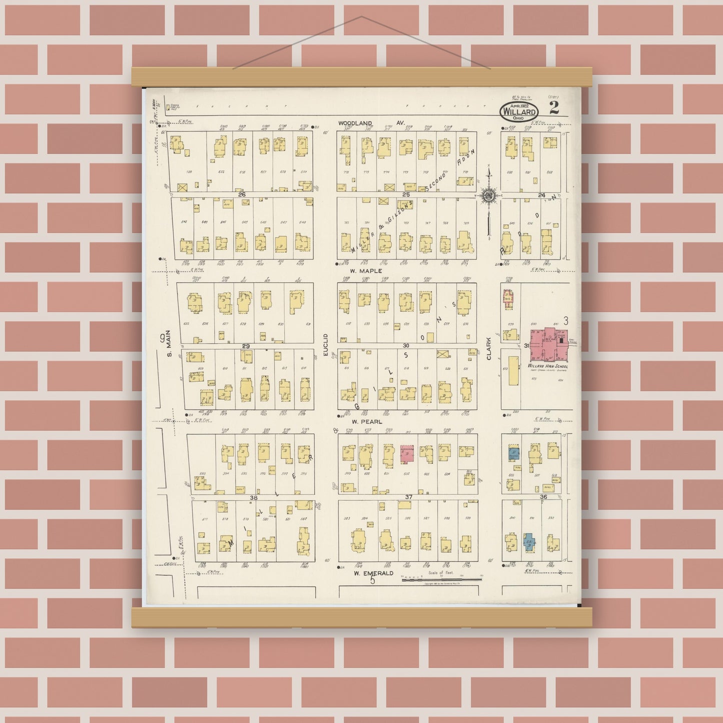 Old map wall art mockup — magnetic wood frame on brick wall — Sanborn Fire Insurance Map from Willard, Huron County, Ohio (1922), Sheet #0002