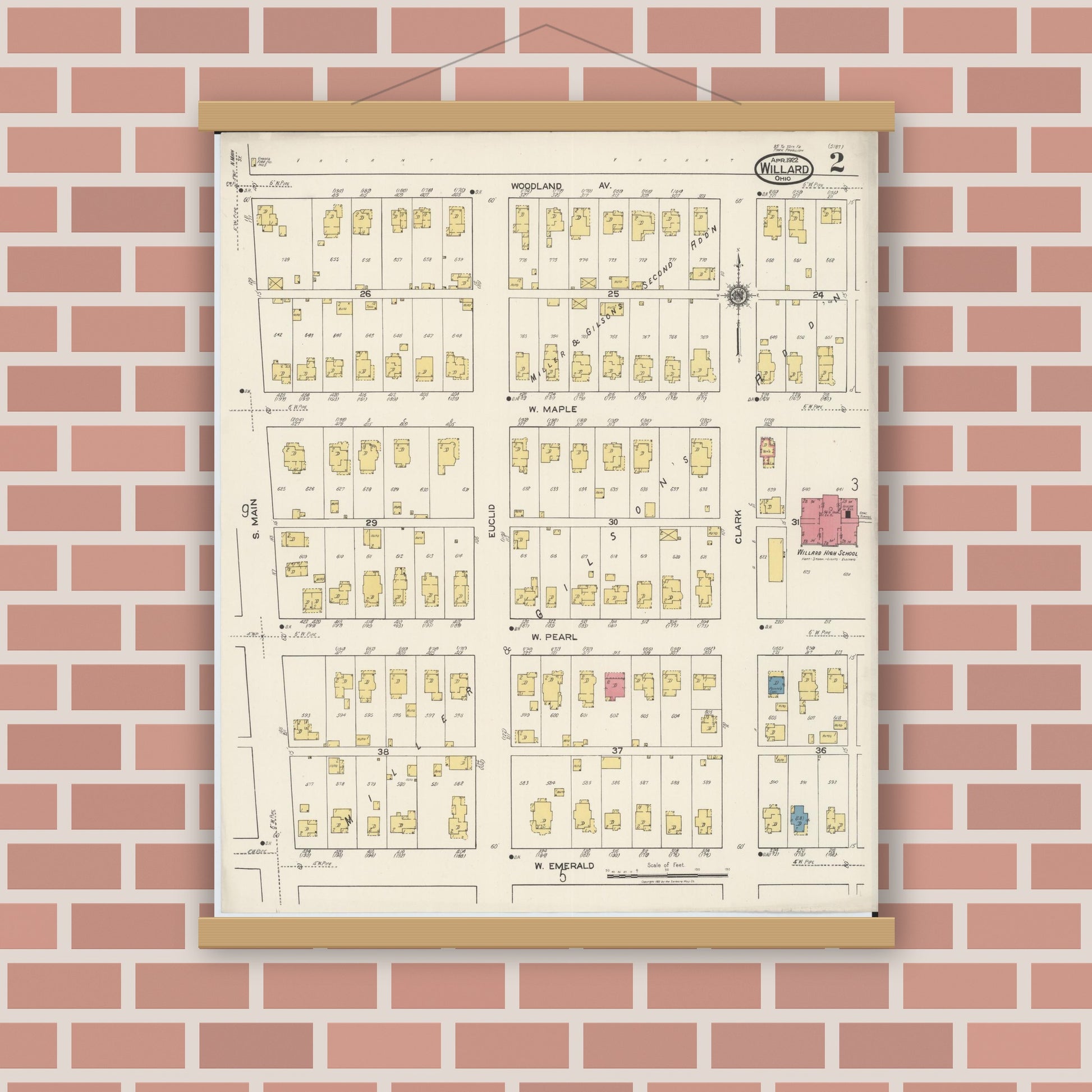 Old map wall art mockup — magnetic wood frame on brick wall — Sanborn Fire Insurance Map from Willard, Huron County, Ohio (1922), Sheet #0002