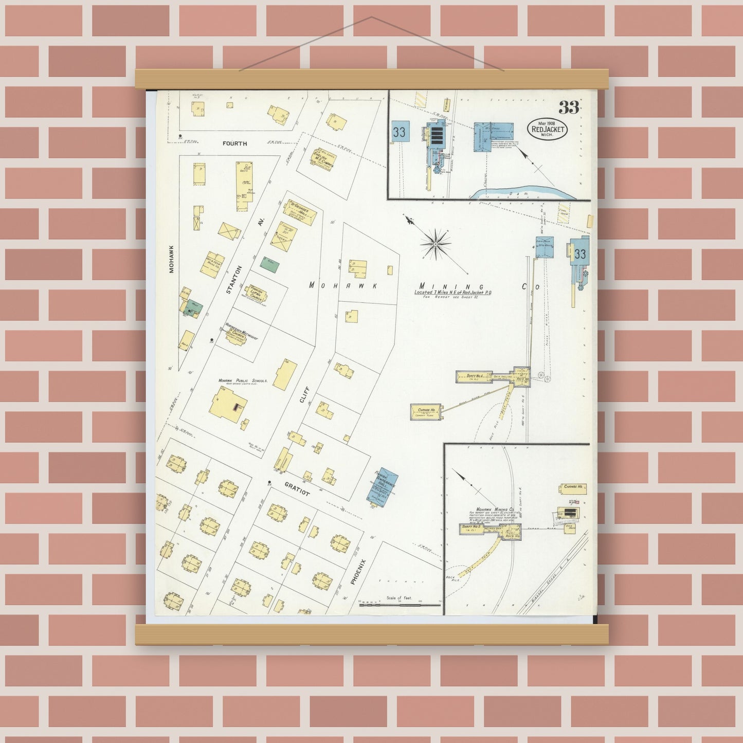 Old map wall art mockup — magnetic wood frame on brick wall — Sanborn Fire Insurance Map from Red Jacket, Houghton County, Michigan (1908), Sheet #0033