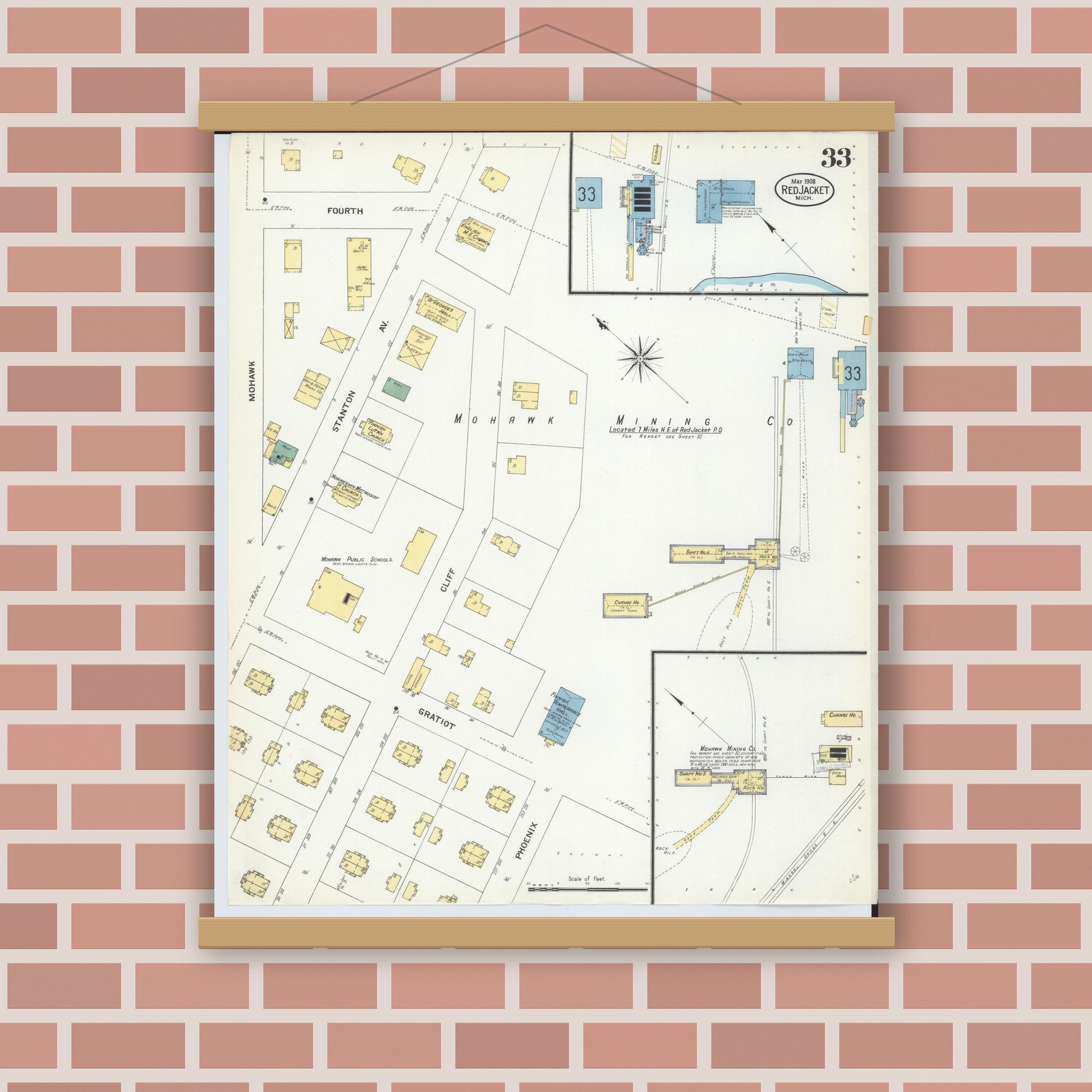 Old map wall art mockup — magnetic wood frame on brick wall — Sanborn Fire Insurance Map from Red Jacket, Houghton County, Michigan (1908), Sheet #0033