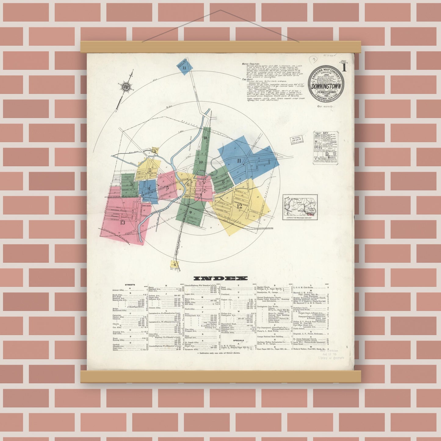 Old map wall art mockup — magnetic wood frame on brick wall — Sanborn Fire Insurance Map from Downingtown, Chester County, Pennsylvania (1921), Sheet #0001
