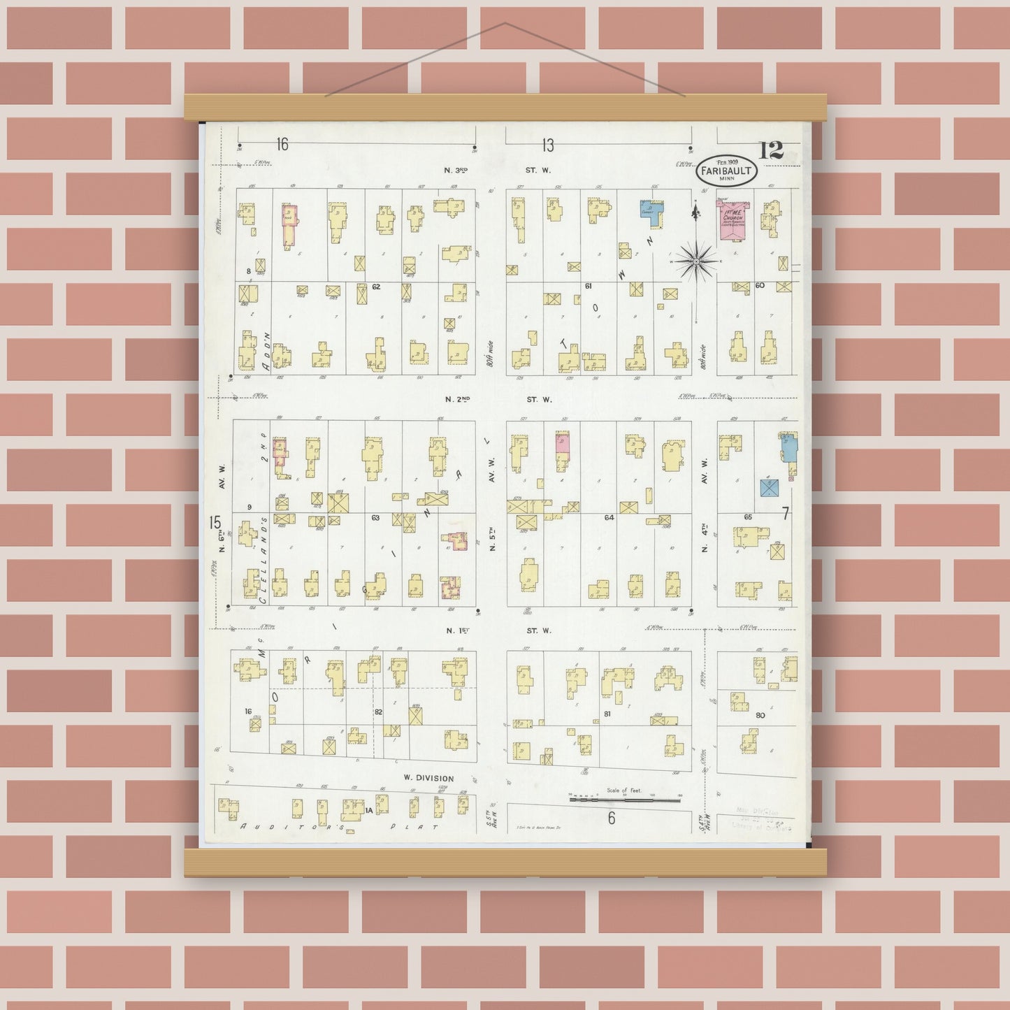 Old map wall art mockup — magnetic wood frame on brick wall — Sanborn Fire Insurance Map from Faribault, Rice County, Minnesota (1909), Sheet #0012