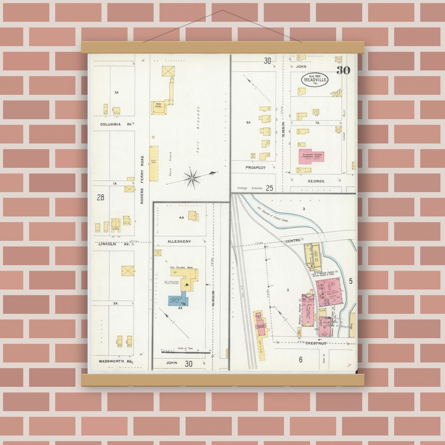 Old map wall art mockup — magnetic wood frame on brick wall — Sanborn Fire Insurance Map from Meadville, Crawford County, Pennsylvania (1905), Sheet #0030
