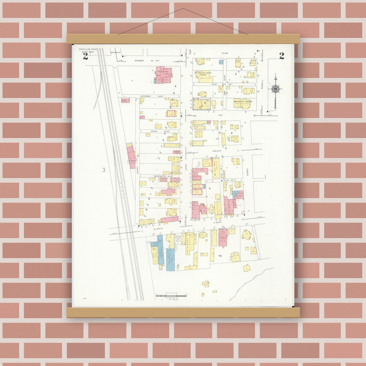 Old map wall art mockup — magnetic wood frame on brick wall — Sanborn Fire Insurance Map from Ashville, Pickaway County, Ohio (1940), Sheet #0002