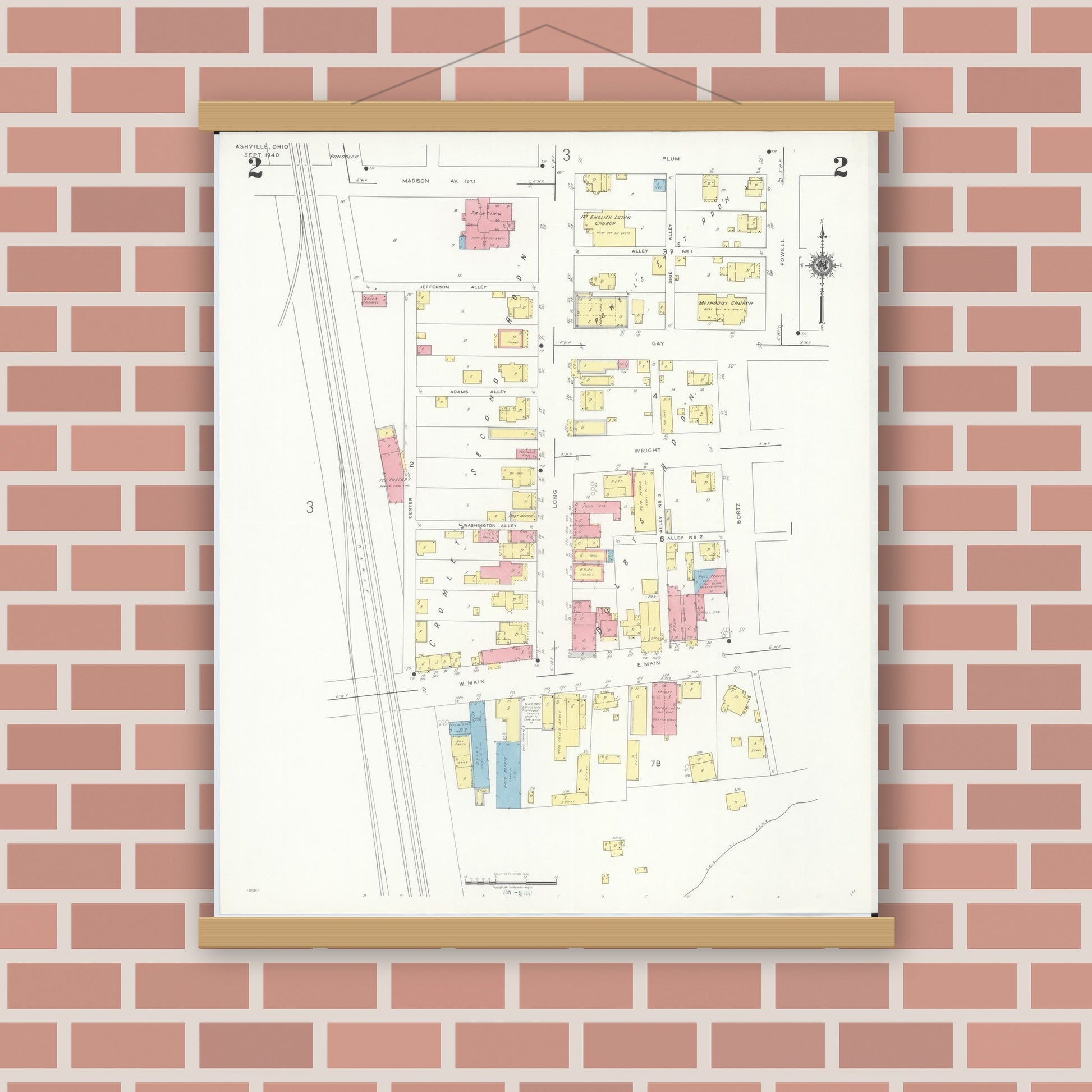 Old map wall art mockup — magnetic wood frame on brick wall — Sanborn Fire Insurance Map from Ashville, Pickaway County, Ohio (1940), Sheet #0002