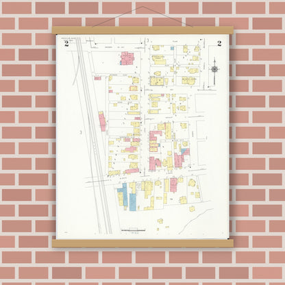 Old map wall art mockup — magnetic wood frame on brick wall — Sanborn Fire Insurance Map from Ashville, Pickaway County, Ohio (1940), Sheet #0002