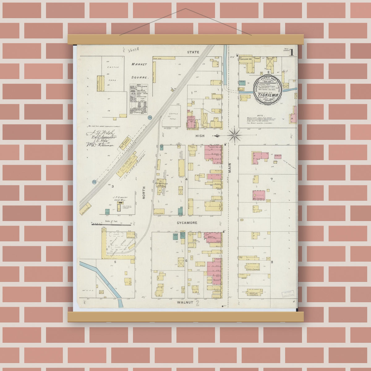 Old map wall art mockup — magnetic wood frame on brick wall — Sanborn Fire Insurance Map from Tiskilwa, Bureau County, Illinois (1894), Sheet #0001