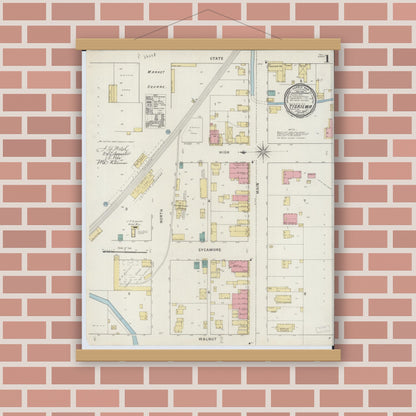 Old map wall art mockup — magnetic wood frame on brick wall — Sanborn Fire Insurance Map from Tiskilwa, Bureau County, Illinois (1894), Sheet #0001