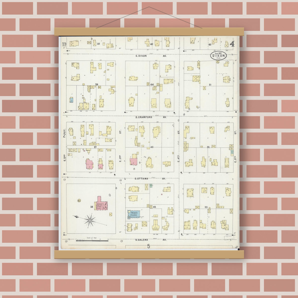 Old map wall art mockup — magnetic wood frame on brick wall — Sanborn Fire Insurance Map from Dixon, Lee County, Illinois (1897), Sheet #0004