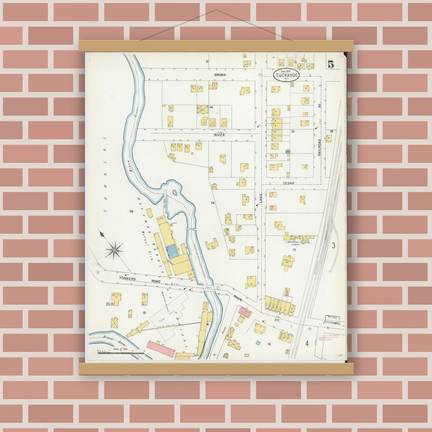 Old map wall art mockup — magnetic wood frame on brick wall — Sanborn Fire Insurance Map from Tuckahoe, Westchester County, New York (1904), Sheet #0005