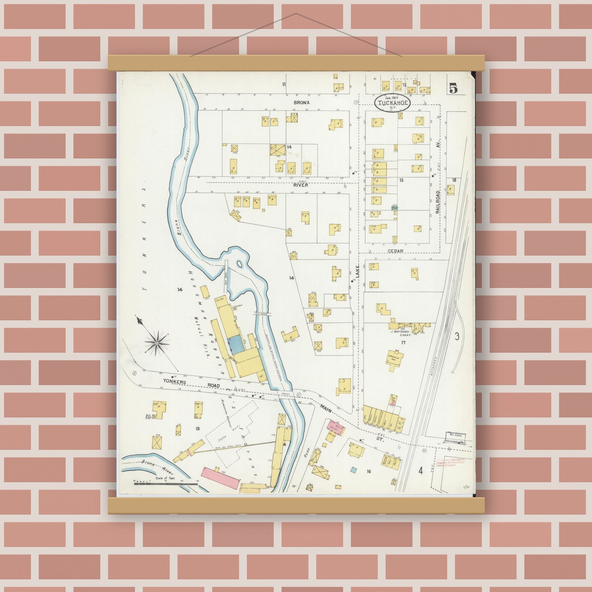 Old map wall art mockup — magnetic wood frame on brick wall — Sanborn Fire Insurance Map from Tuckahoe, Westchester County, New York (1904), Sheet #0005