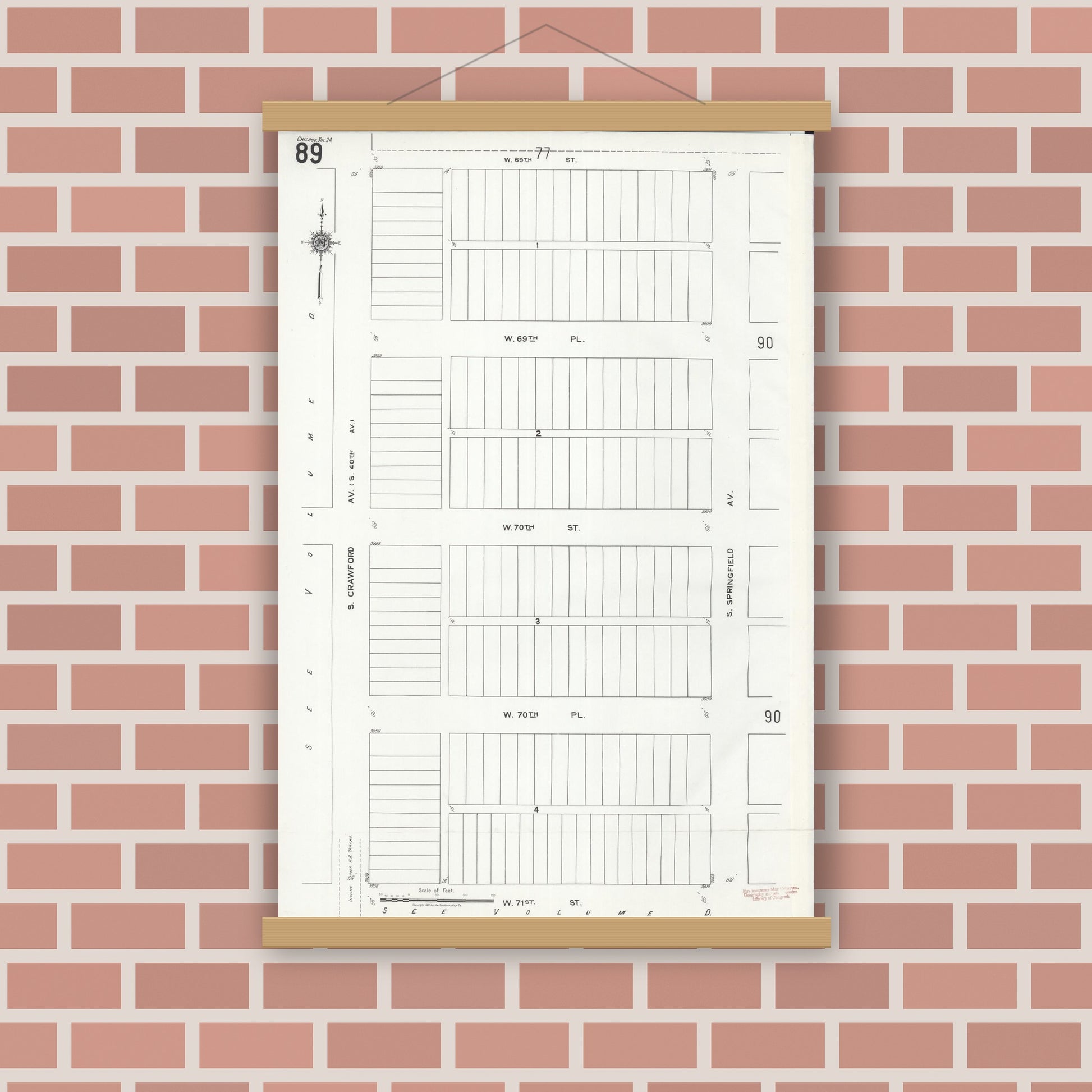 Old map wall art mockup — magnetic wood frame on brick wall — Sanborn Fire Insurance Map from Chicago, Cook County, Illinois (1920), Sheet #0089