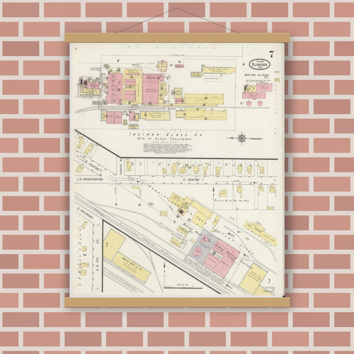 Old map wall art mockup — magnetic wood frame on brick wall — Sanborn Fire Insurance Map from Dunkirk, Jay And Blackford Counties, Indiana (1915), Sheet #0007