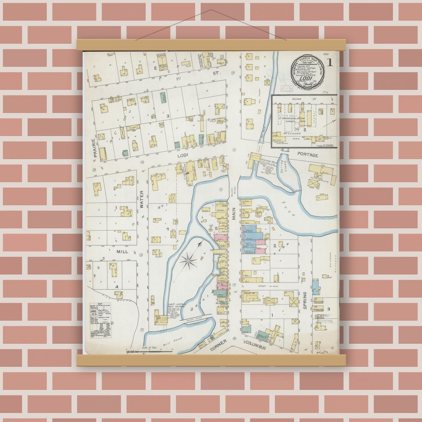 Old map wall art mockup — magnetic wood frame on brick wall — Sanborn Fire Insurance Map from Lodi, Columbia County, Wisconsin (1892), Sheet #0001