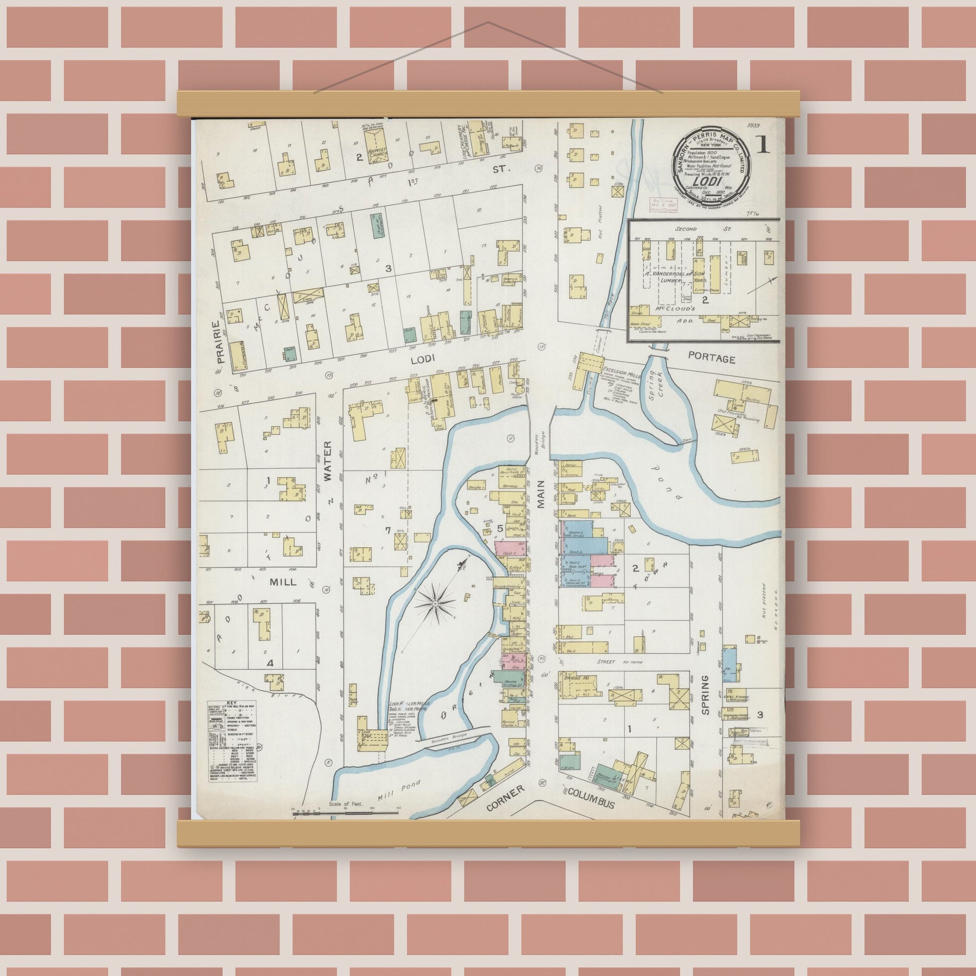Old map wall art mockup — magnetic wood frame on brick wall — Sanborn Fire Insurance Map from Lodi, Columbia County, Wisconsin (1892), Sheet #0001