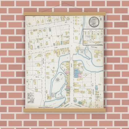 Old map wall art mockup — magnetic wood frame on brick wall — Sanborn Fire Insurance Map from Lodi, Columbia County, Wisconsin (1892), Sheet #0001