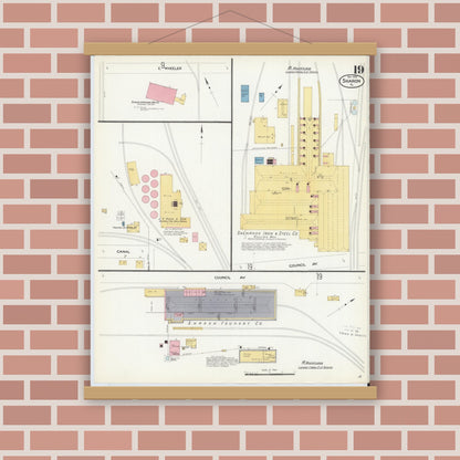Old map wall art mockup — magnetic wood frame on brick wall — Sanborn Fire Insurance Map from Sharon, Mercer County, Pennsylvania (1908), Sheet #0019