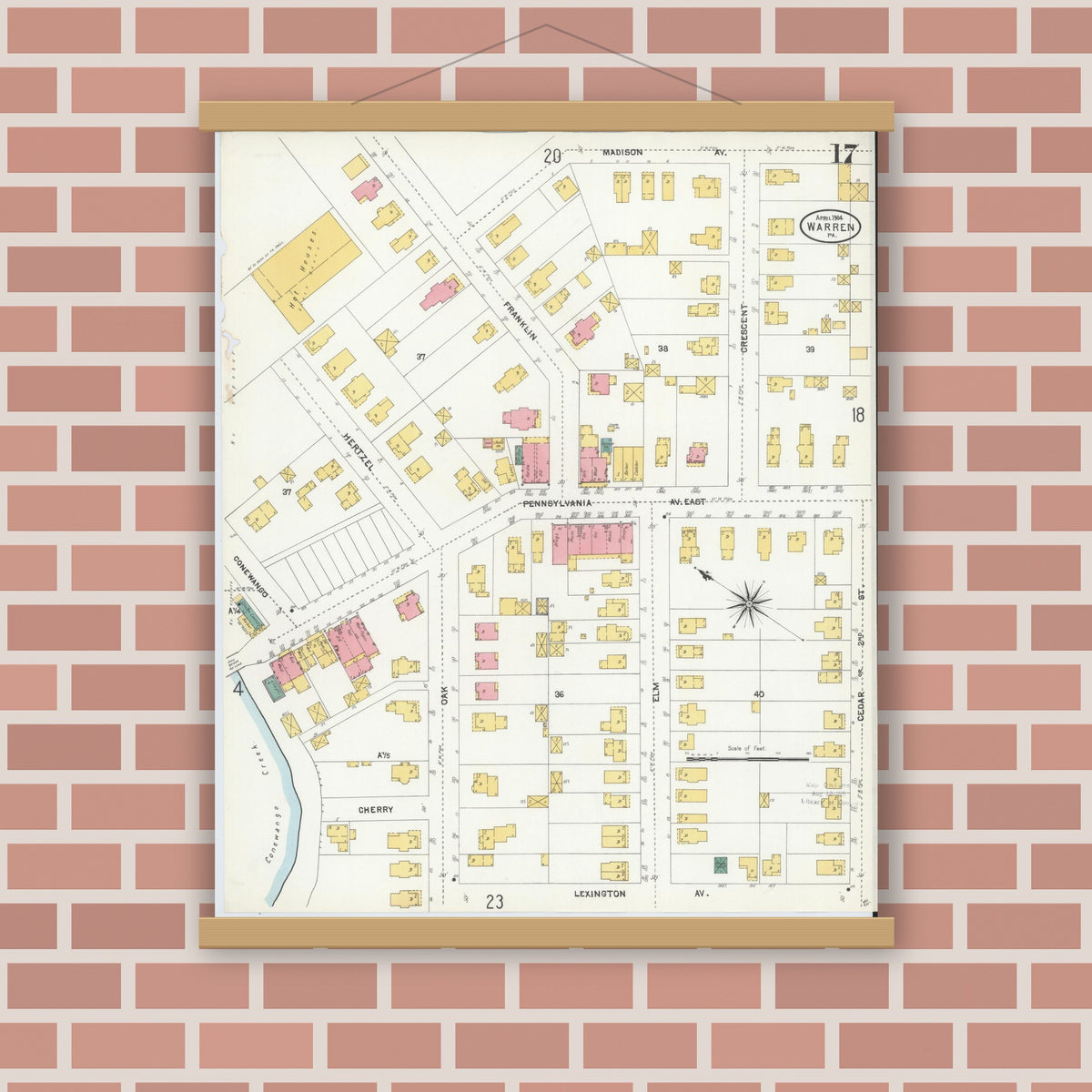 Old map wall art mockup — magnetic wood frame on brick wall — Sanborn Fire Insurance Map from Warren, Warren County, Pennsylvania (1904), Sheet #0017