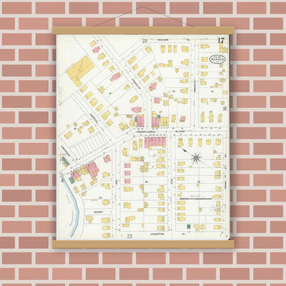 Old map wall art mockup — magnetic wood frame on brick wall — Sanborn Fire Insurance Map from Warren, Warren County, Pennsylvania (1904), Sheet #0017